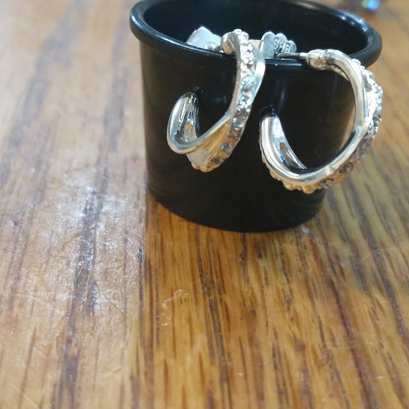 Two pair silver & clear gem earring semi circle & curved bar backs marked SHB - Picture 3 of 4